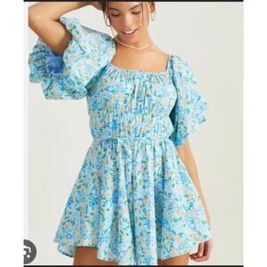 Alter'd State Blue Puff Sleeve Smocked Floral Mini Dress – Cottagecore Style
